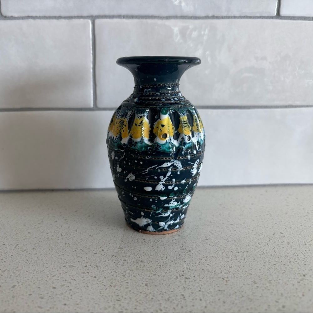 Vintage Made In Italy Bud Vase Mid Century Modern 6 inches Teal Yellow Speckled